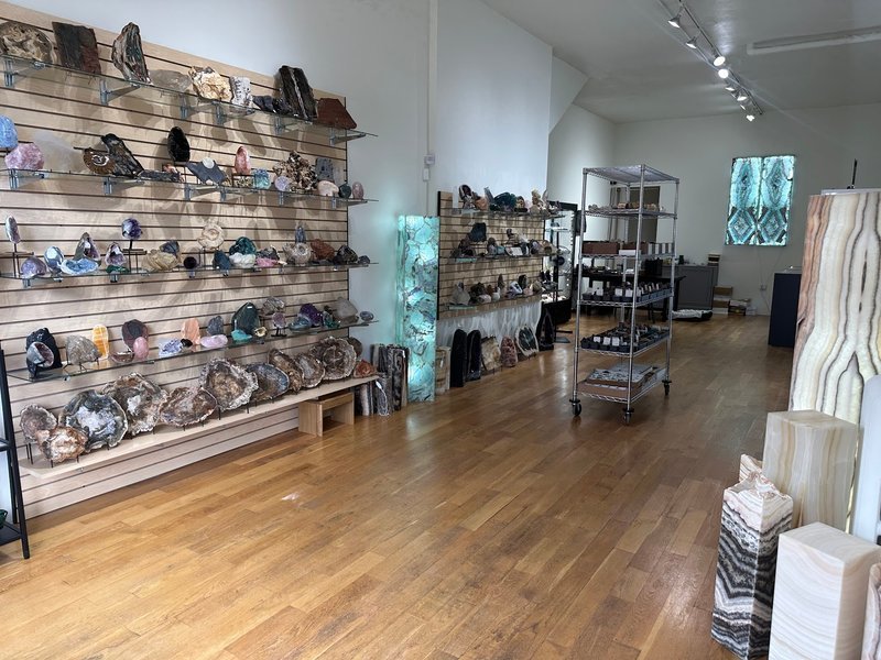 Wall display of crystals, geodes, and fossils