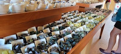 Retail display with tumbled stones, raw crystals, and polished specimens