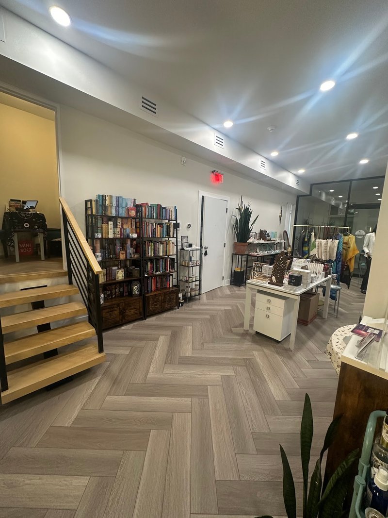 Interior view showcasing crystal towers, spheres, and carved stone pieces