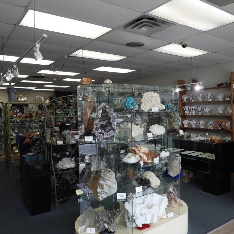 Store interior displaying crystals, minerals, and metaphysical supplies