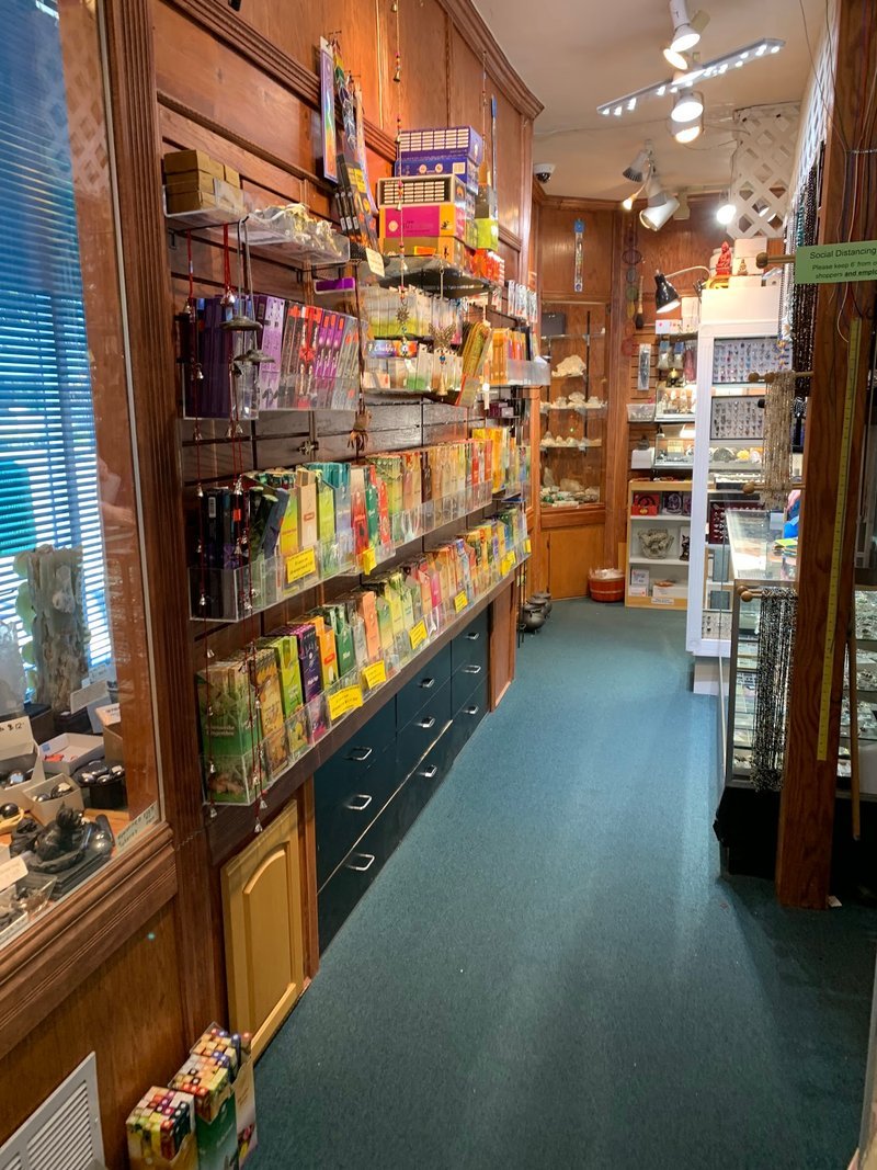 Interior view showcasing crystal towers, spheres, and carved stone pieces