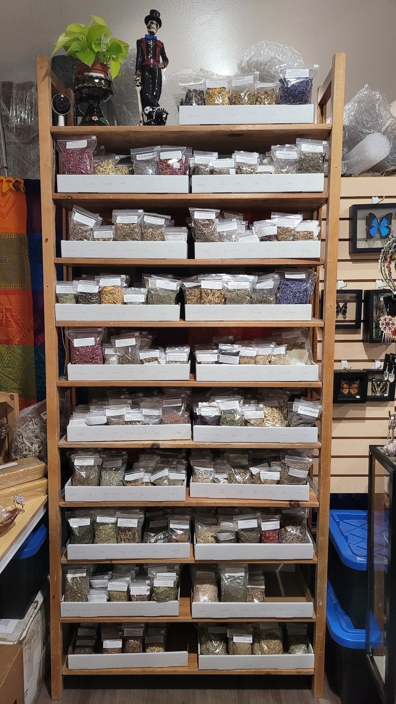 Display of polished crystal specimens, geodes, and mineral towers
