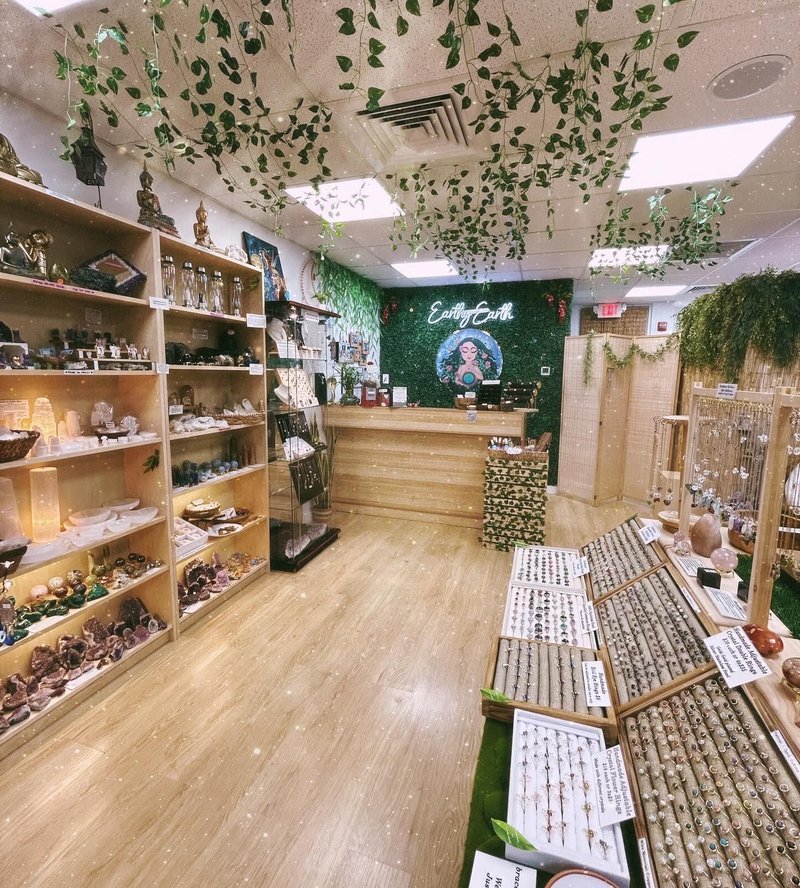 Collection of tumbled stones, raw minerals, and crystal clusters