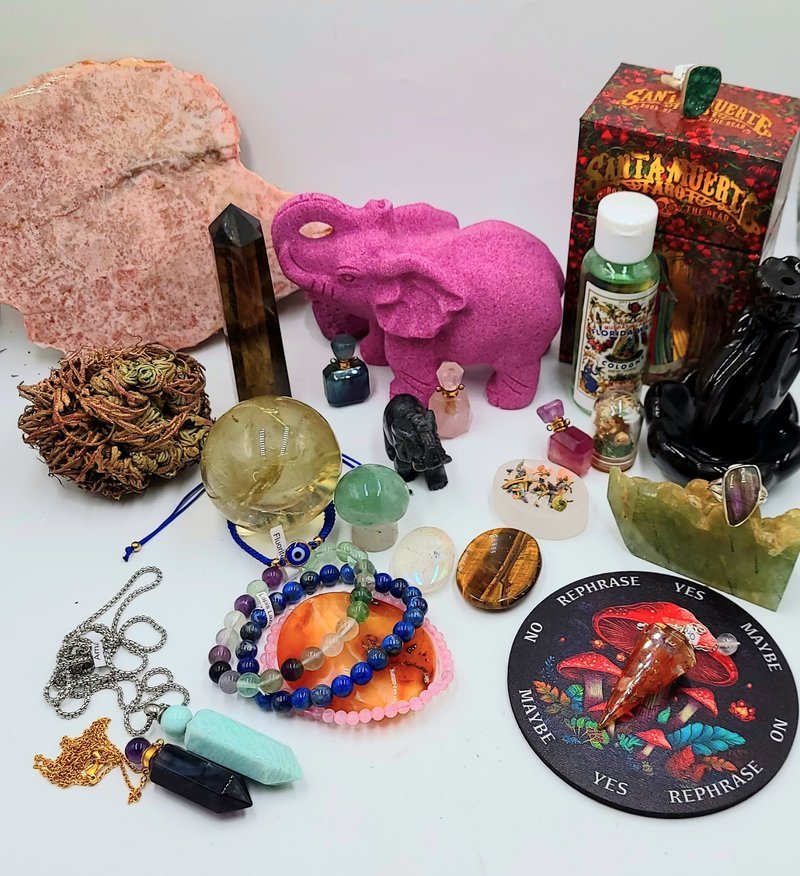 Interior view showcasing crystal towers, spheres, and carved stone pieces