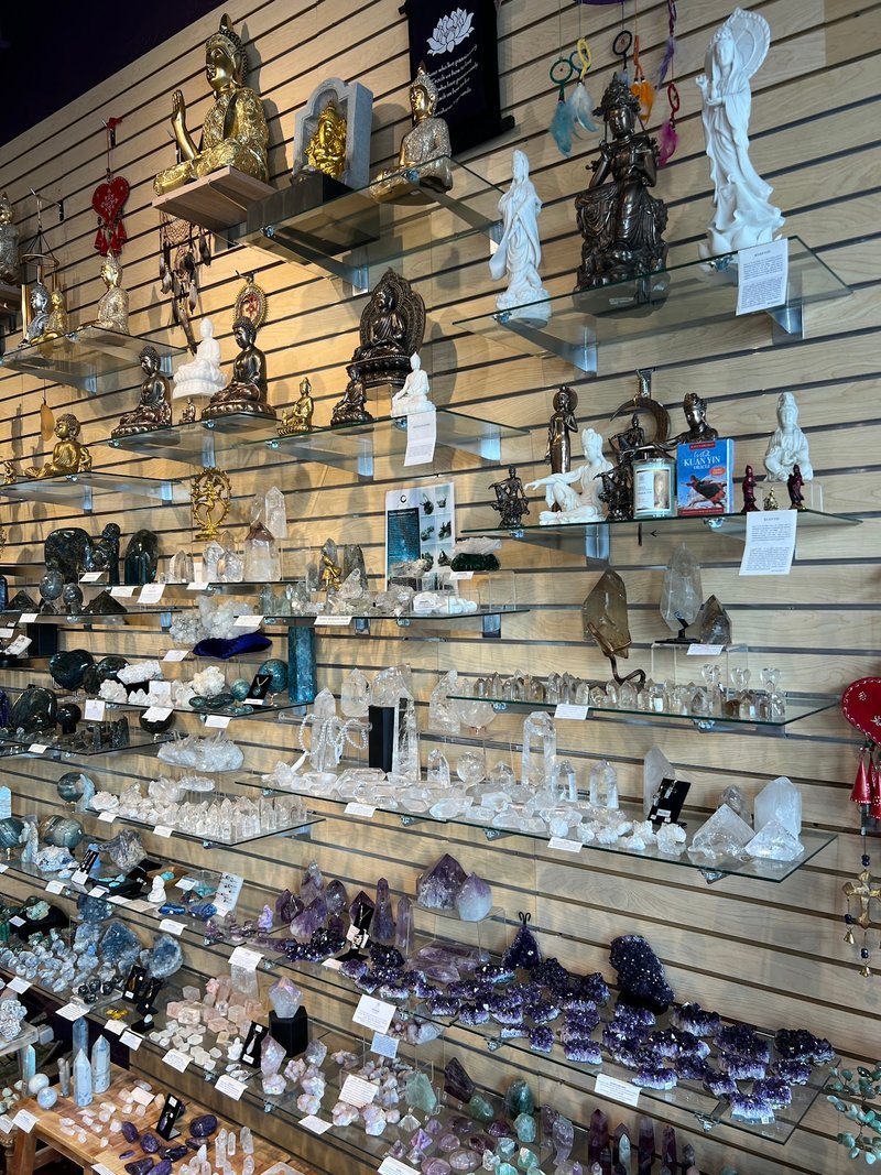 Collection of tumbled stones, raw minerals, and crystal clusters