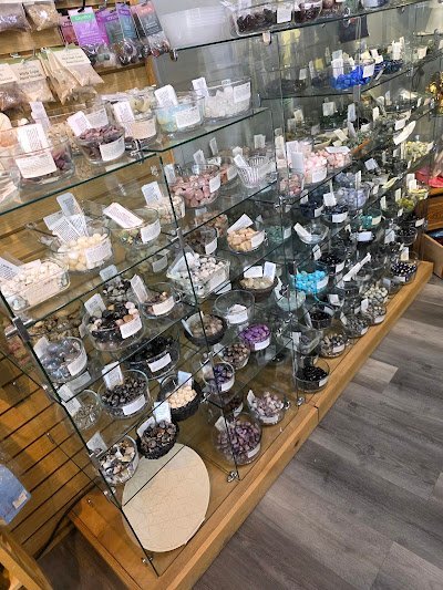 Interior view showcasing crystal towers, spheres, and carved stone pieces