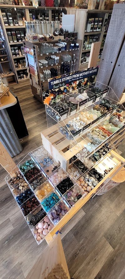 Interior view showcasing crystal towers, spheres, and carved stone pieces