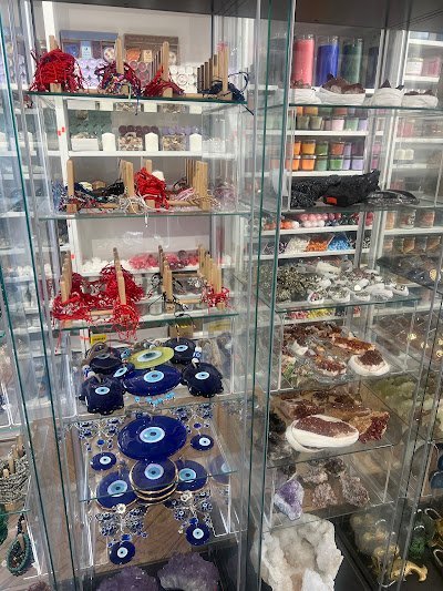 Store interior displaying crystals, minerals, and metaphysical supplies