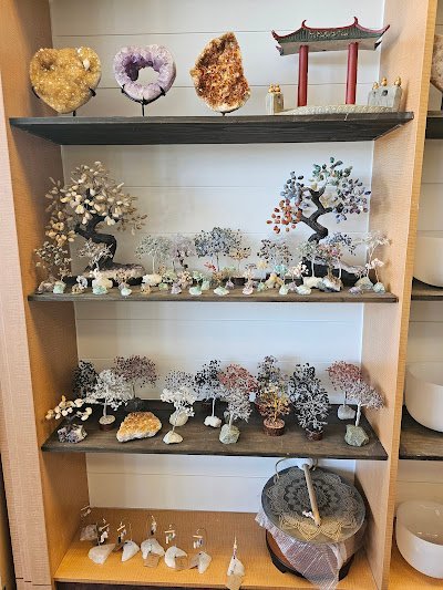 Interior view showcasing crystal towers, spheres, and carved stone pieces