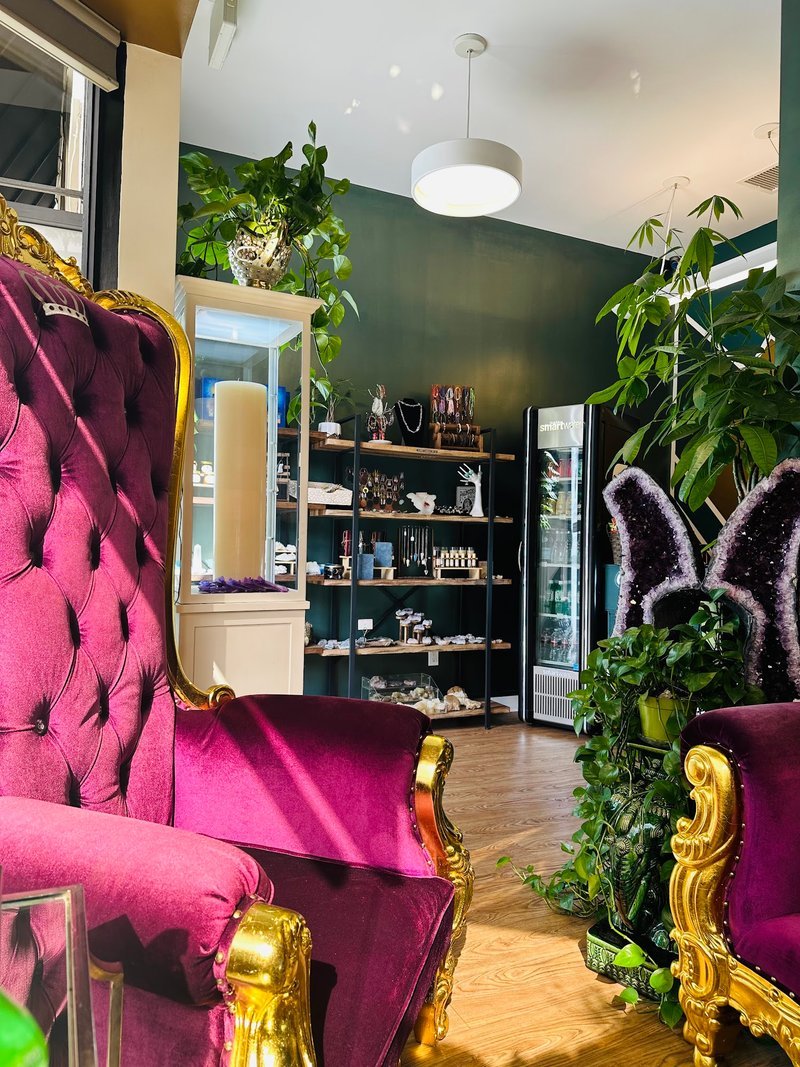 Retail display with tumbled stones, raw crystals, and polished specimens