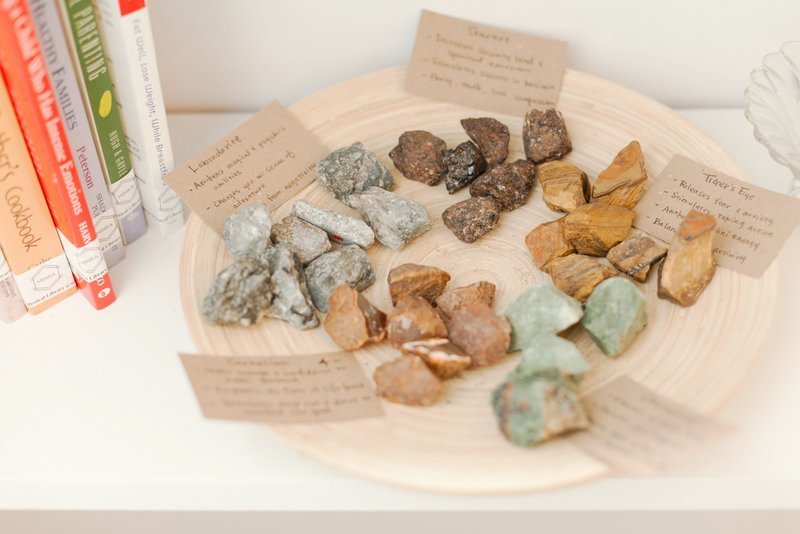 Display of polished crystal specimens, geodes, and mineral towers