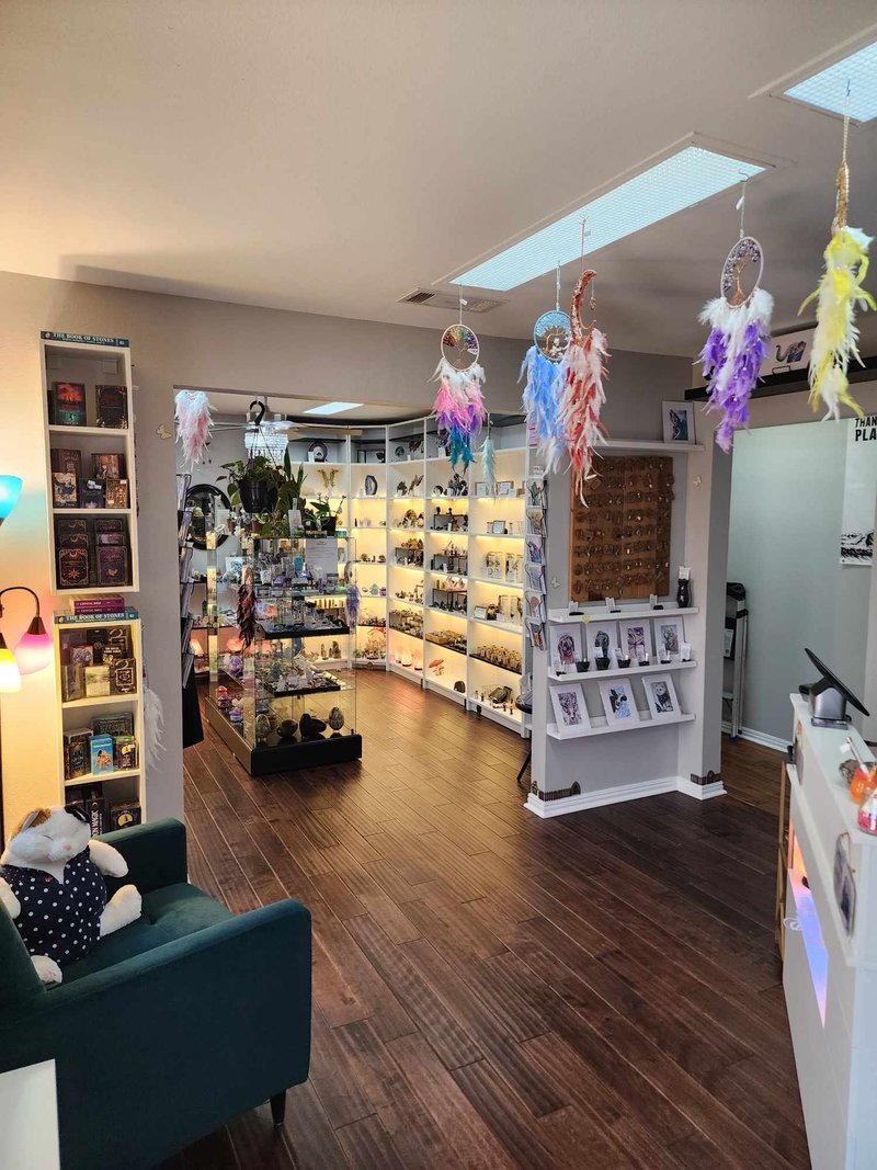 Interior view showcasing crystal towers, spheres, and carved stone pieces