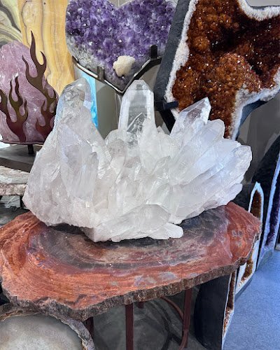 Interior view showcasing crystal towers, spheres, and carved stone pieces