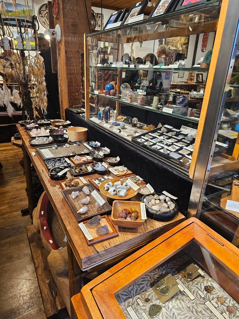 Interior view showcasing crystal towers, spheres, and carved stone pieces