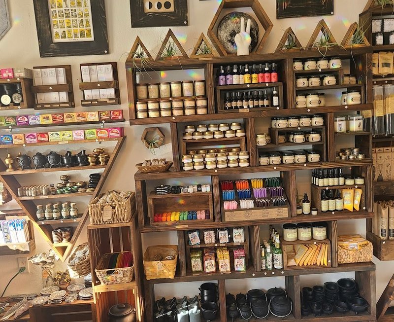 Interior view showcasing crystal towers, spheres, and carved stone pieces