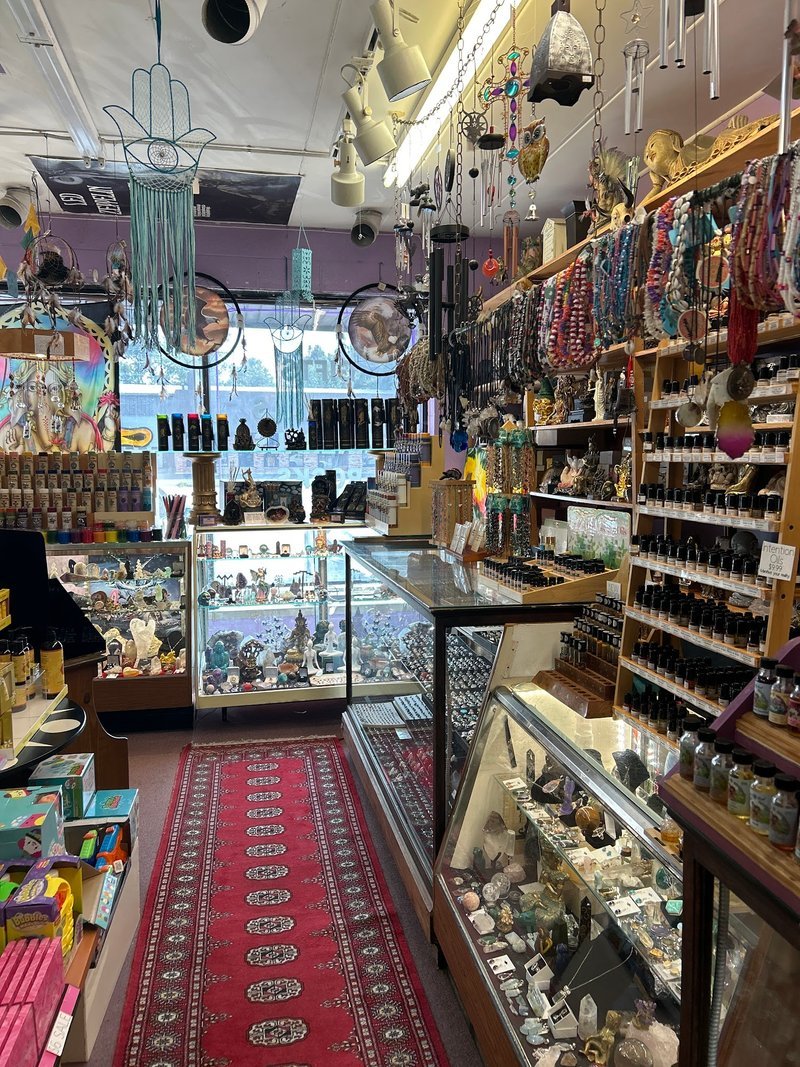 Interior view showcasing crystal towers, spheres, and carved stone pieces