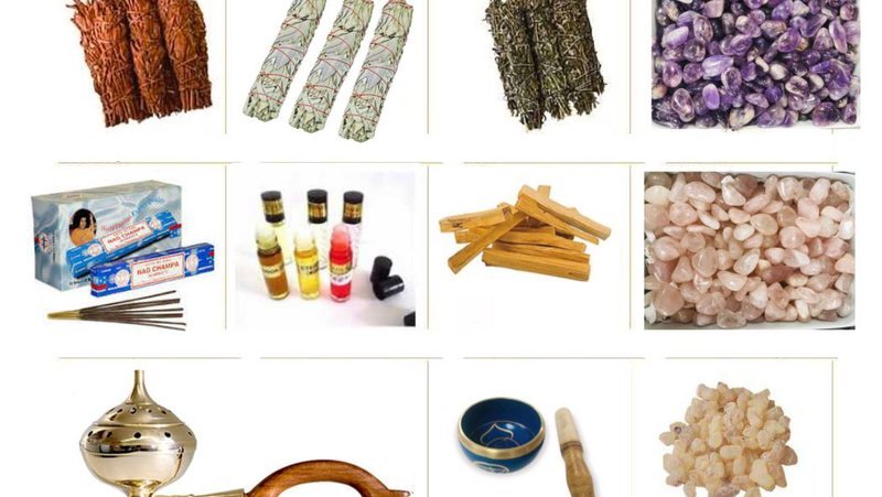 Retail shelving with organized crystals, stones, and spiritual products