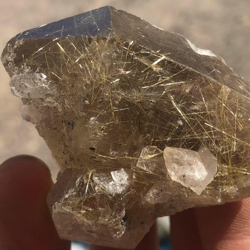 Rutilated quartz crystal with golden needle inclusions