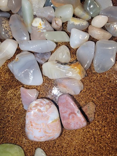 Interior view showcasing crystal towers, spheres, and carved stone pieces