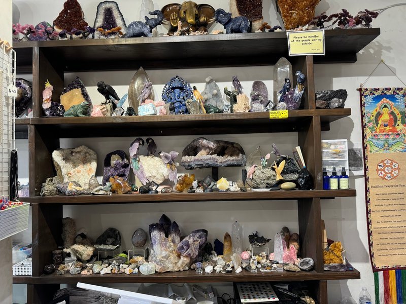 Collection of tumbled stones, raw minerals, and crystal clusters