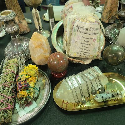 Display of polished crystal specimens, geodes, and mineral towers
