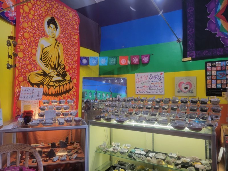 Store interior displaying crystals, minerals, and metaphysical supplies