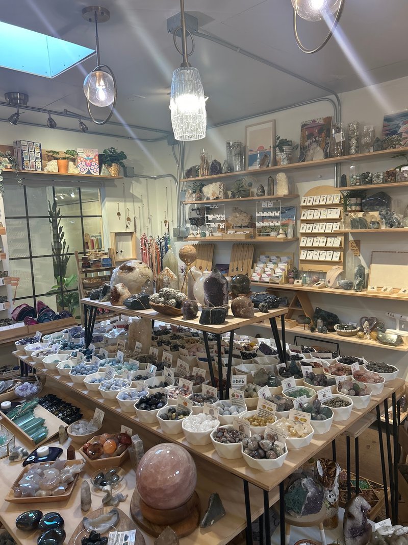 Collection of tumbled stones, raw minerals, and crystal clusters