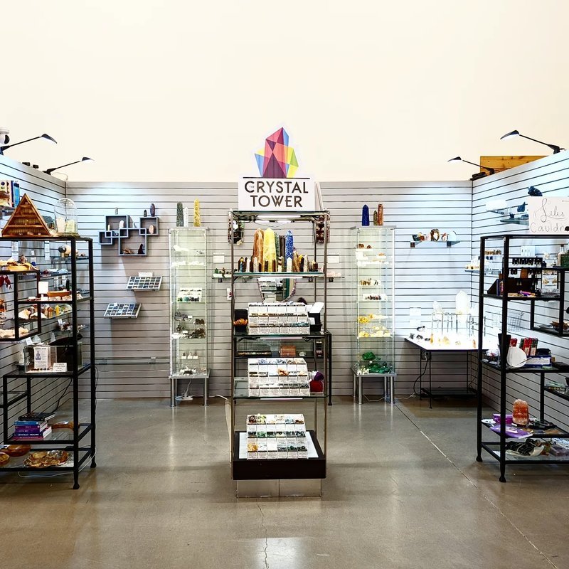 Store interior displaying crystals, minerals, and metaphysical supplies