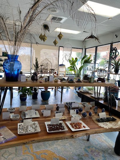 Interior view showcasing crystal towers, spheres, and carved stone pieces