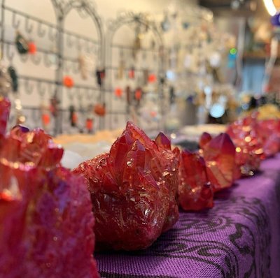 Crystal and mineral specimens including quartz, amethyst, and calcite varieties